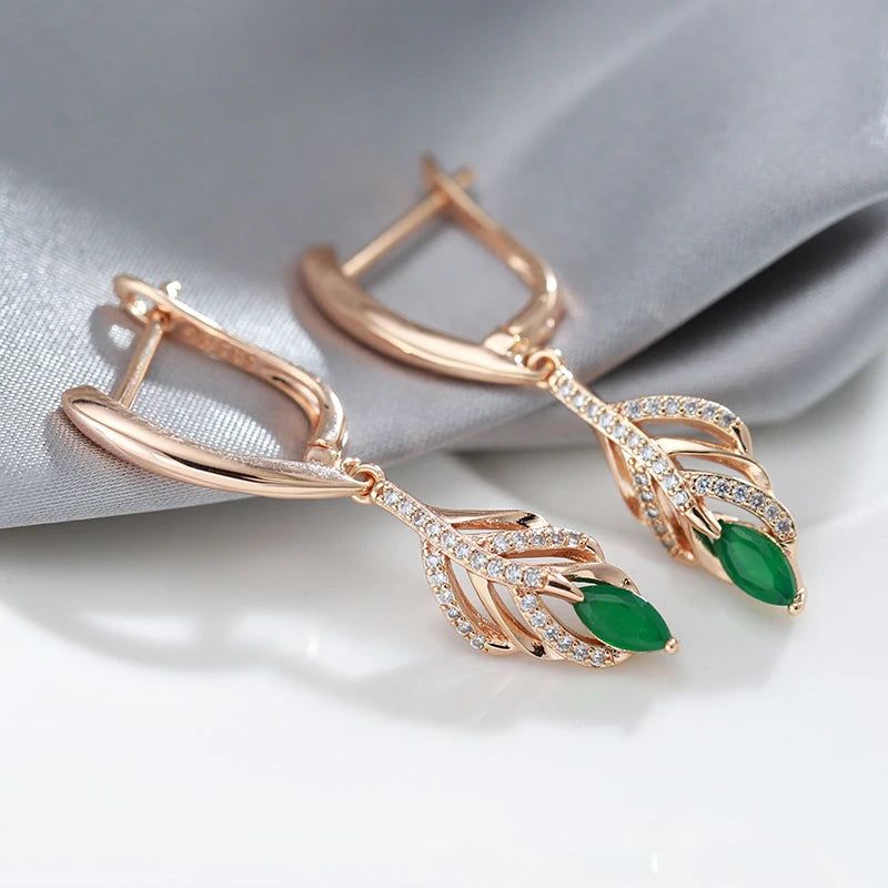 Modern Vintage Gold Dangle Earrings with Green Natural Zircon and Tassel Design