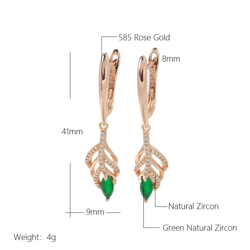 Modern Vintage Gold Dangle Earrings with Green Natural Zircon and Tassel Design