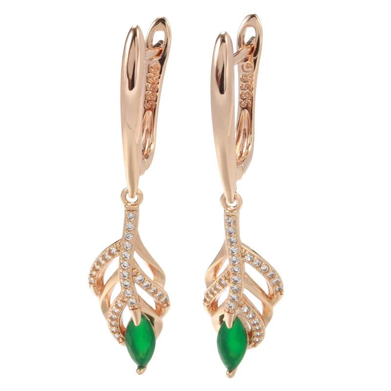 Modern Vintage Gold Dangle Earrings with Green Natural Zircon and Tassel Design