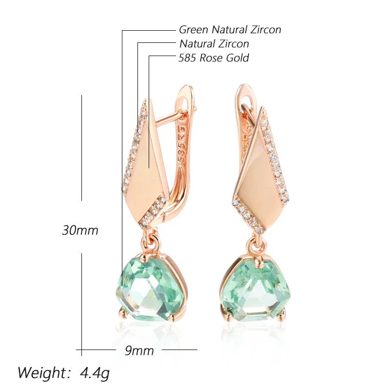 Modern Vintage Green Stone Drop Earrings in 585 Rose Gold with Natural Zircon