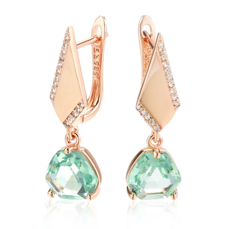 Modern Vintage Green Stone Drop Earrings in 585 Rose Gold with Natural Zircon