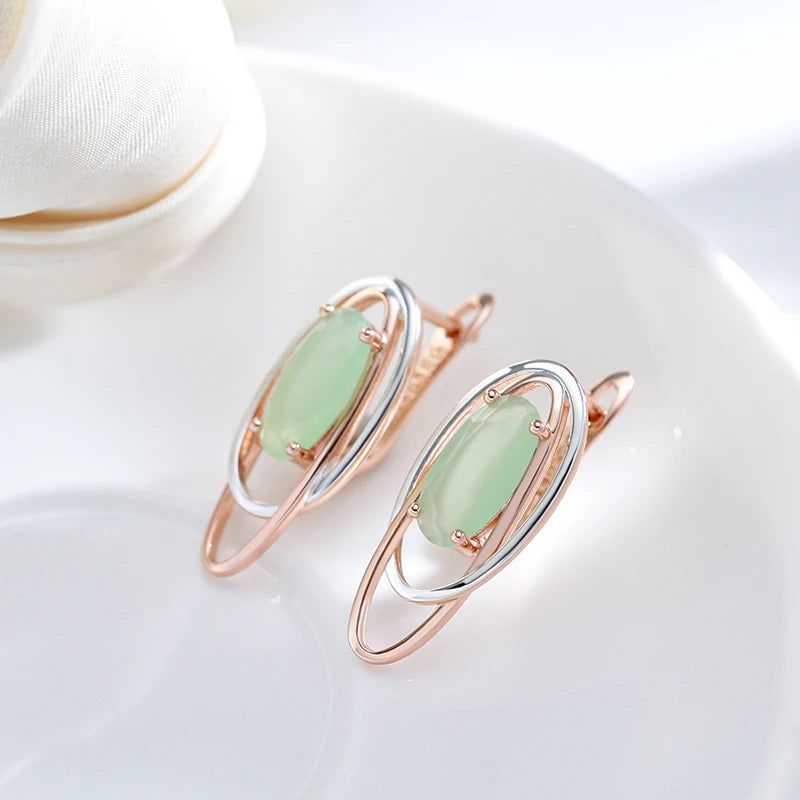 Modern Vintage Green Zircon Dangle Earrings in 585 Rose Gold and Silver Mix