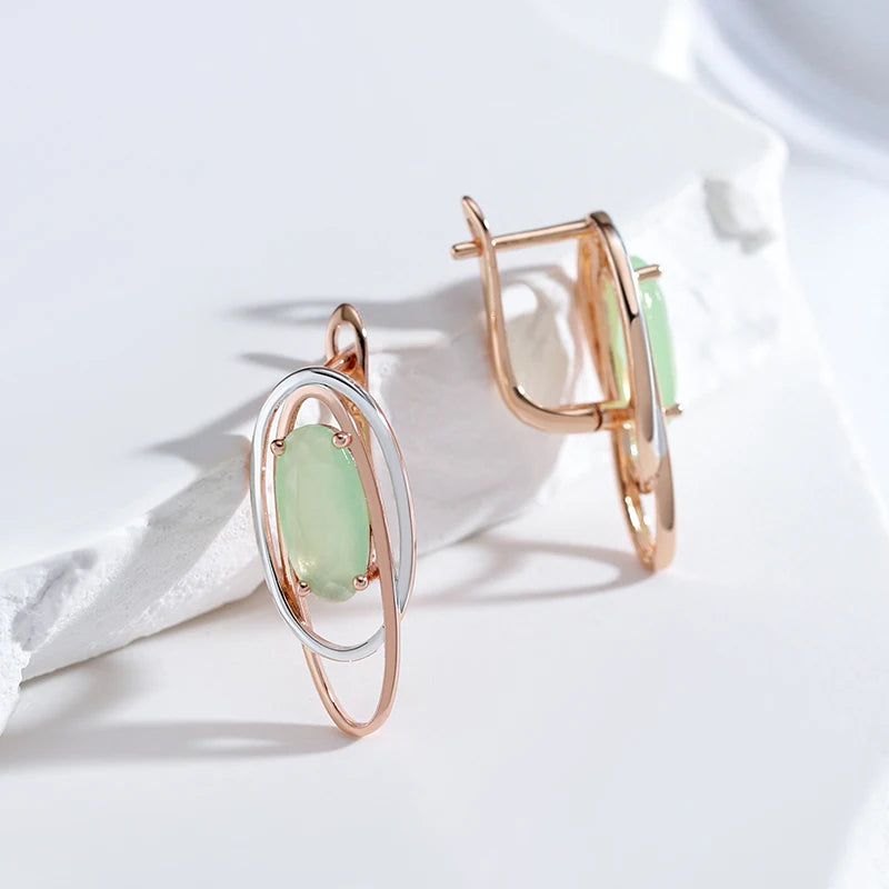 Modern Vintage Green Zircon Dangle Earrings in 585 Rose Gold and Silver Mix