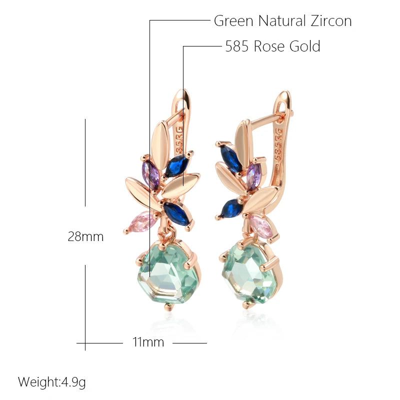 Modern Vintage Green Zircon Drop Earrings in 585 Rose Gold with Rhombus Design