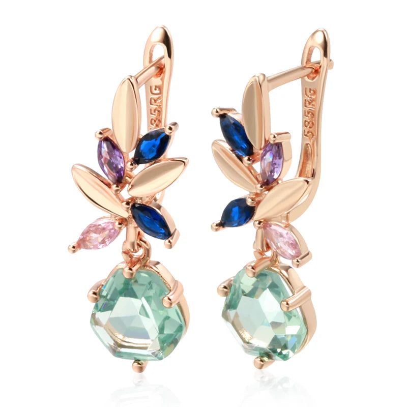 Modern Vintage Green Zircon Drop Earrings in 585 Rose Gold with Rhombus Design