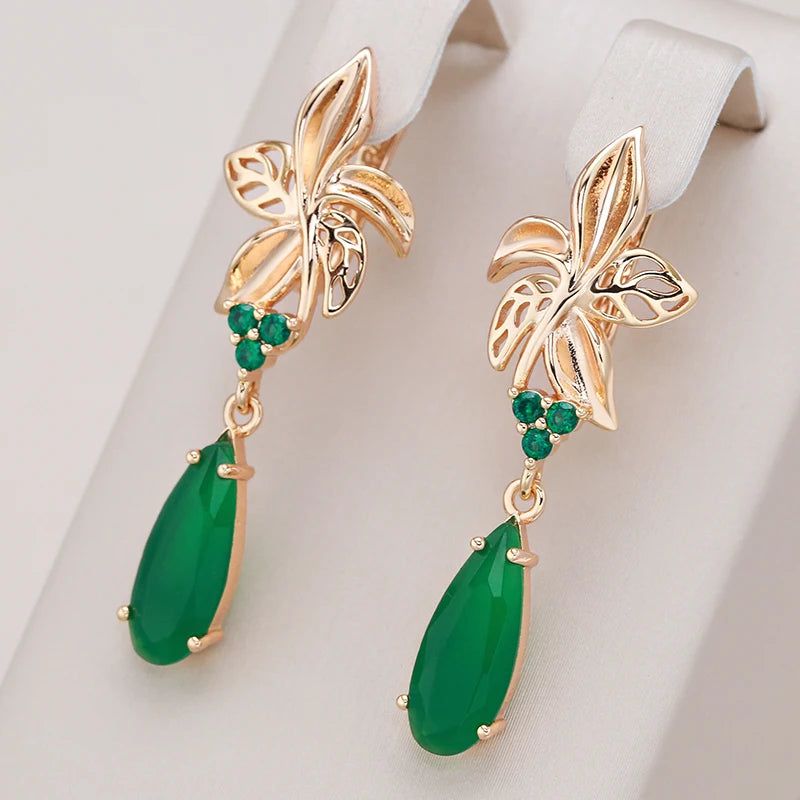 Modern Vintage Green Zircon Flower Drop Earrings in 585 Rose Gold