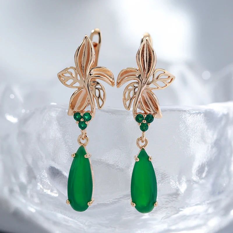 Modern Vintage Green Zircon Flower Drop Earrings in 585 Rose Gold