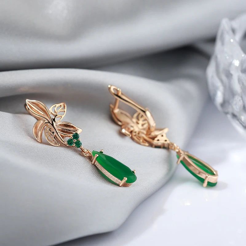 Modern Vintage Green Zircon Flower Drop Earrings in 585 Rose Gold