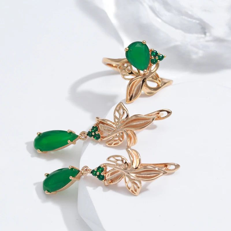 Modern Vintage Green Zircon Flower Drop Earrings in 585 Rose Gold