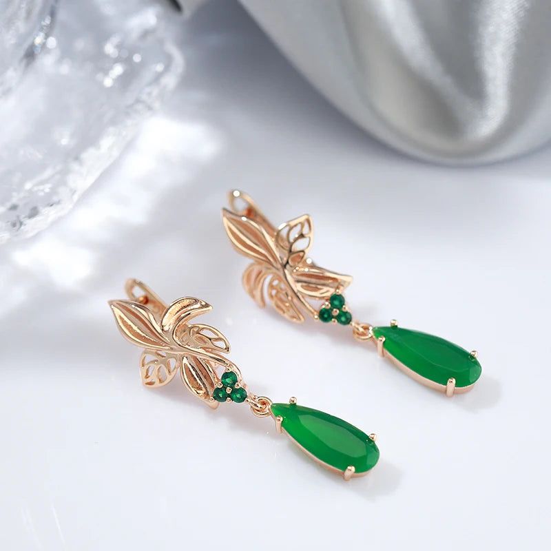 Modern Vintage Green Zircon Flower Drop Earrings in 585 Rose Gold