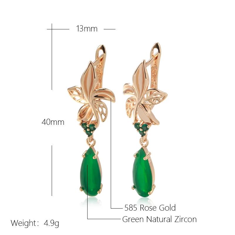 Modern Vintage Green Zircon Flower Drop Earrings in 585 Rose Gold