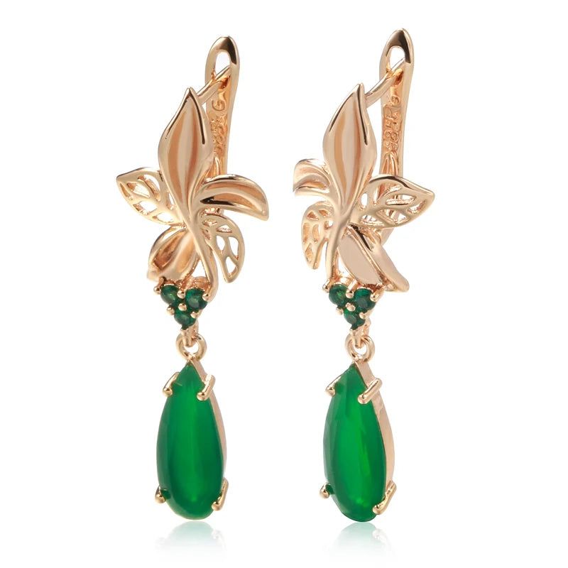 Modern Vintage Green Zircon Flower Drop Earrings in 585 Rose Gold