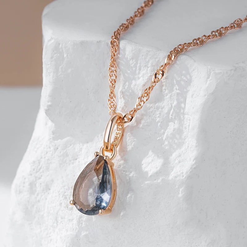 Modern Vintage Grey Crystal Water Drop Pendant Necklace in 585 Rose Gold with Natural Zircon Accents