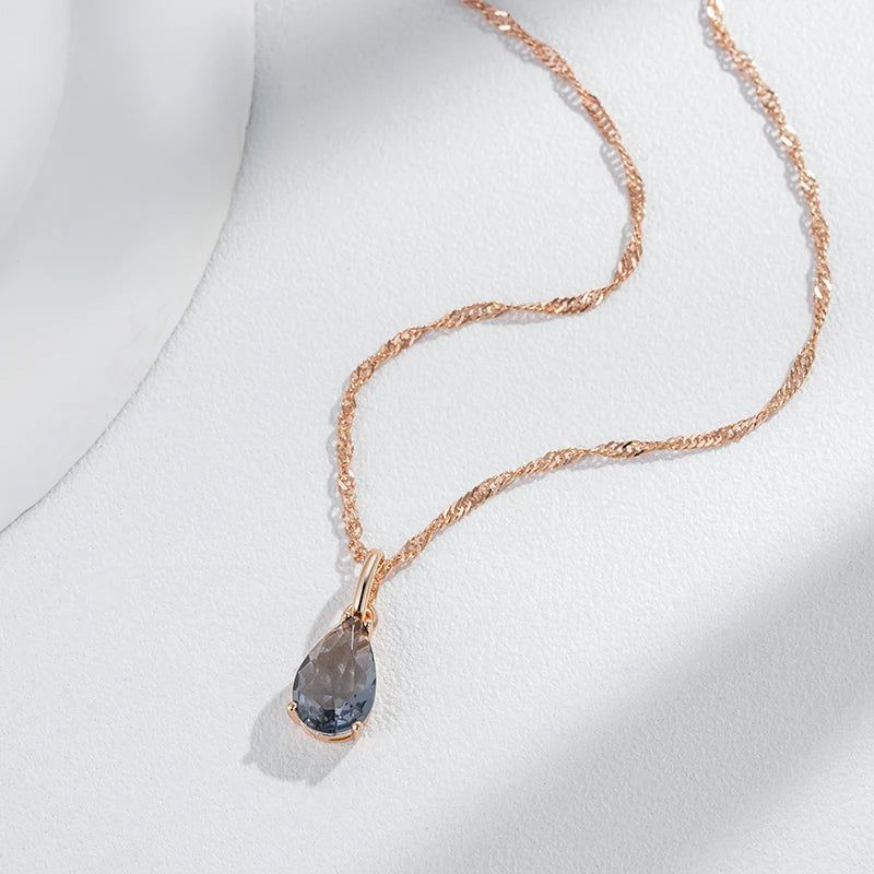 Modern Vintage Grey Crystal Water Drop Pendant Necklace in 585 Rose Gold with Natural Zircon Accents