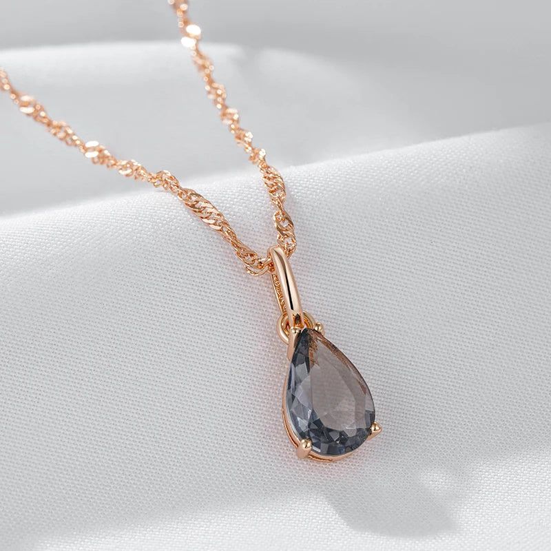 Modern Vintage Grey Crystal Water Drop Pendant Necklace in 585 Rose Gold with Natural Zircon Accents