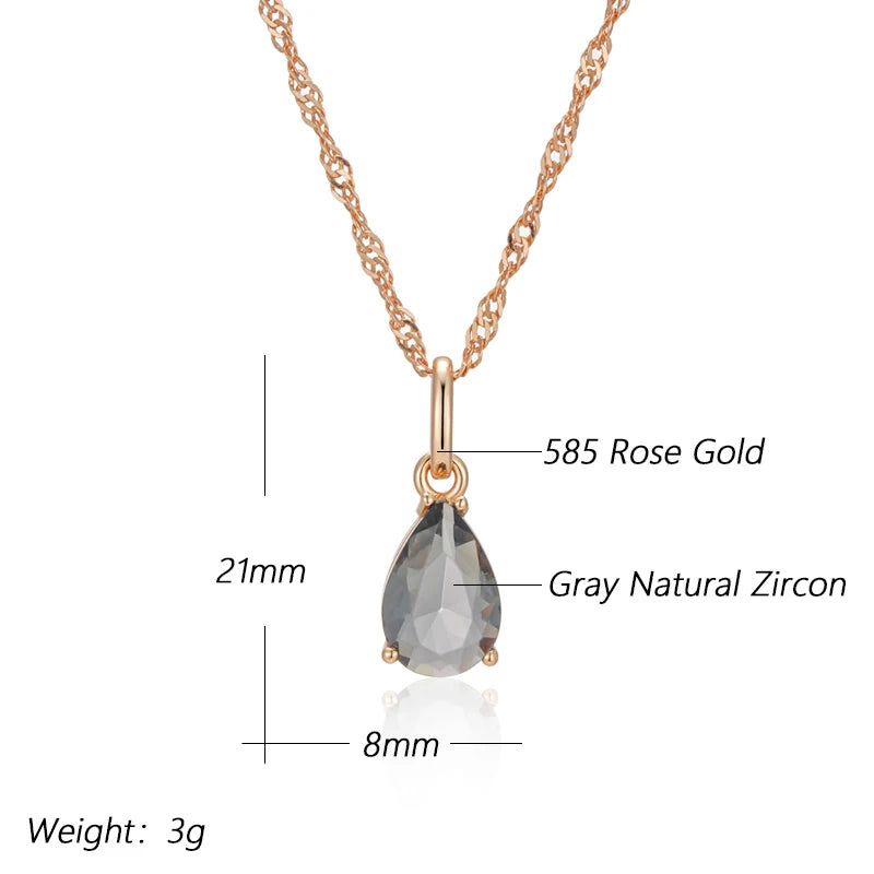 Modern Vintage Grey Crystal Water Drop Pendant Necklace in 585 Rose Gold with Natural Zircon Accents