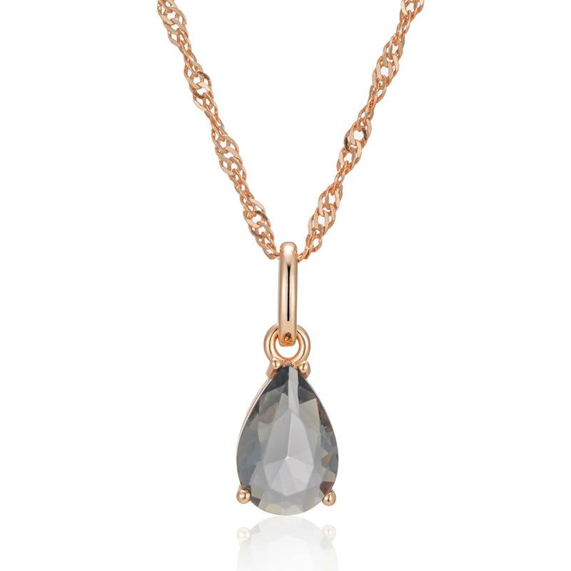 Modern Vintage Grey Crystal Water Drop Pendant Necklace in 585 Rose Gold with Natural Zircon Accents