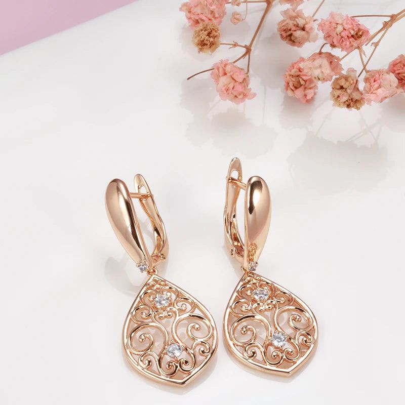 Modern Vintage Hollow Flower Drop Earrings in 585 Rose Gold with Natural Zircon