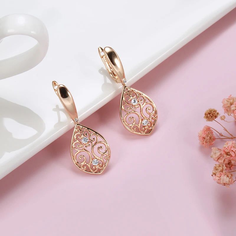 Modern Vintage Hollow Flower Drop Earrings in 585 Rose Gold with Natural Zircon