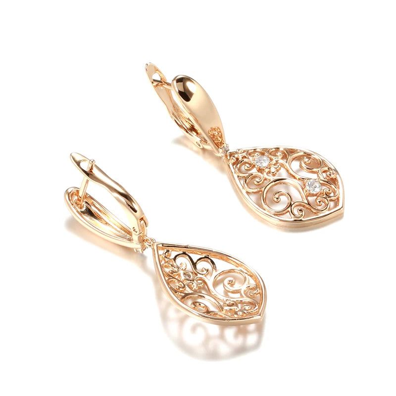 Modern Vintage Hollow Flower Drop Earrings in 585 Rose Gold with Natural Zircon