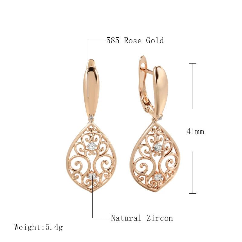 Modern Vintage Hollow Flower Drop Earrings in 585 Rose Gold with Natural Zircon