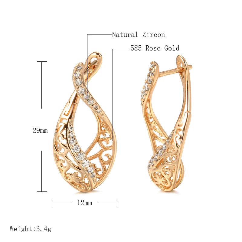 Modern Vintage Hollow Flower Drop Earrings in 585 Rose Gold with Natural Zircon Inlay