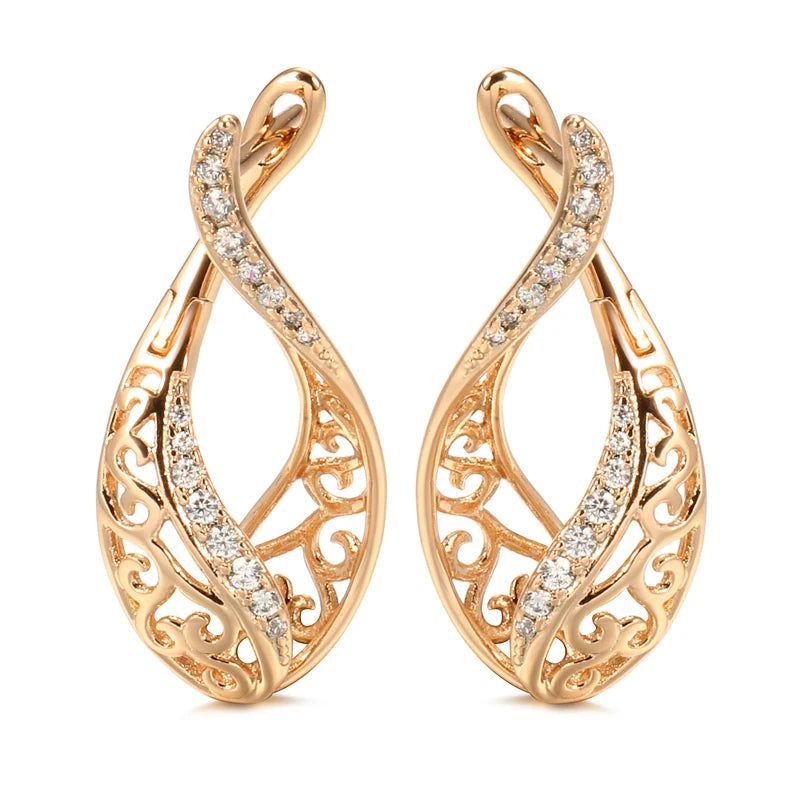 Modern Vintage Hollow Flower Drop Earrings in 585 Rose Gold with Natural Zircon Inlay