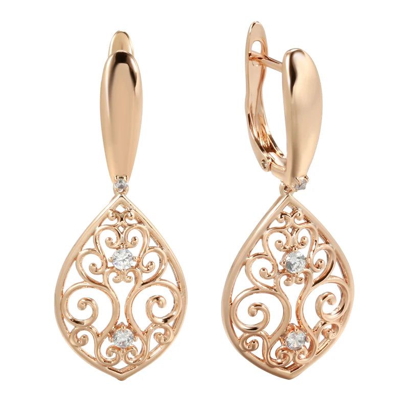 Modern Vintage Hollow Flower Drop Earrings in 585 Rose Gold with Natural Zircon