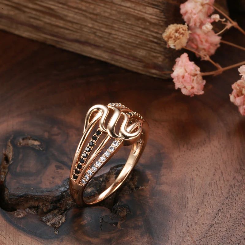 Modern Vintage Hollow Flower Wave Ring with Natural Black Zircon in 585 Rose Gold