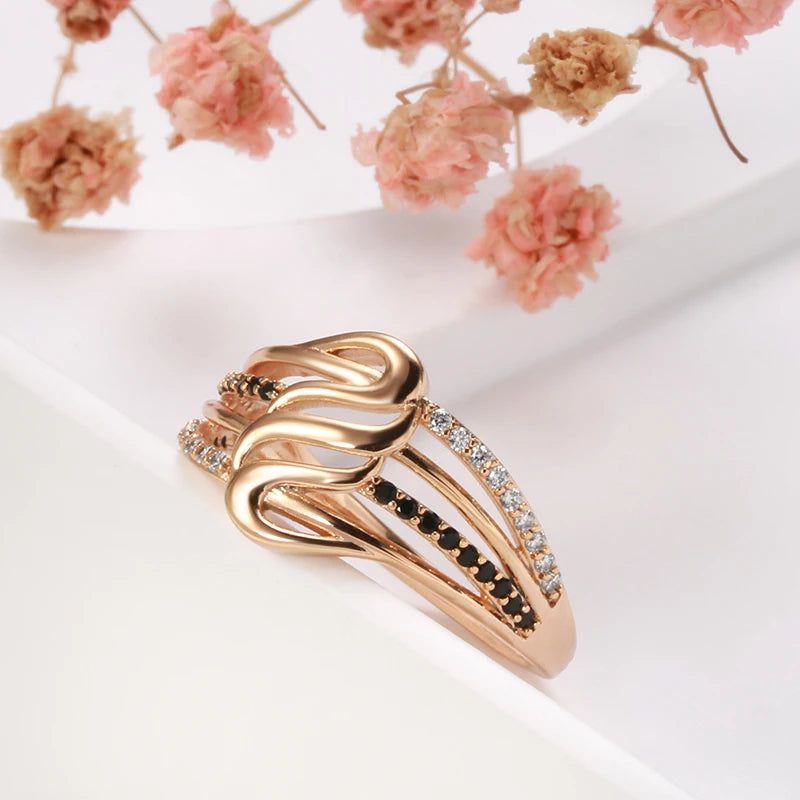 Modern Vintage Hollow Flower Wave Ring with Natural Black Zircon in 585 Rose Gold