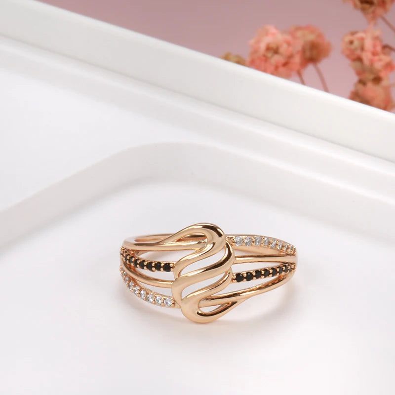 Modern Vintage Hollow Flower Wave Ring with Natural Black Zircon in 585 Rose Gold