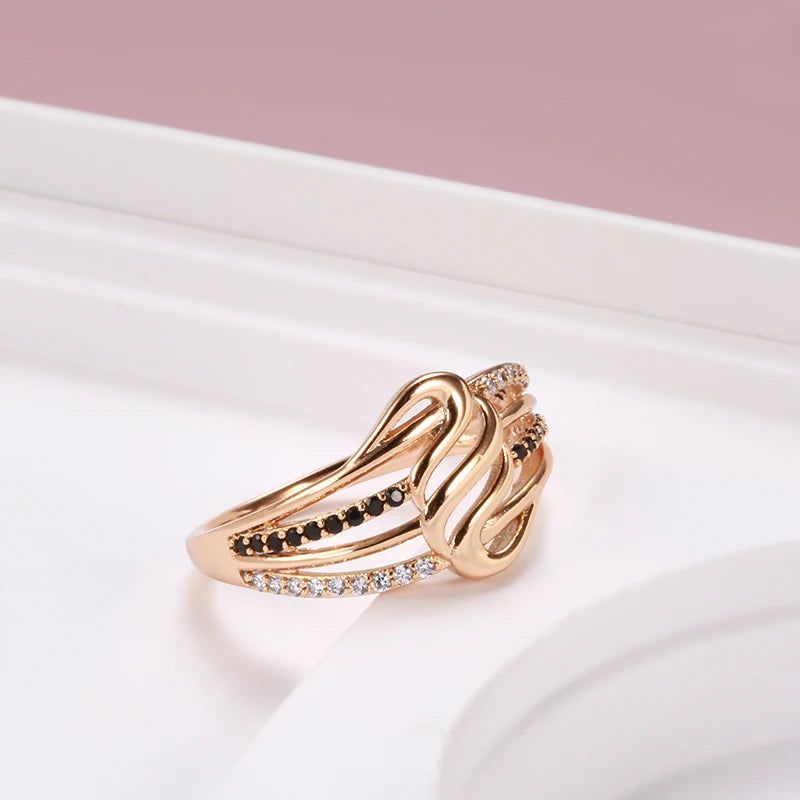 Modern Vintage Hollow Flower Wave Ring with Natural Black Zircon in 585 Rose Gold