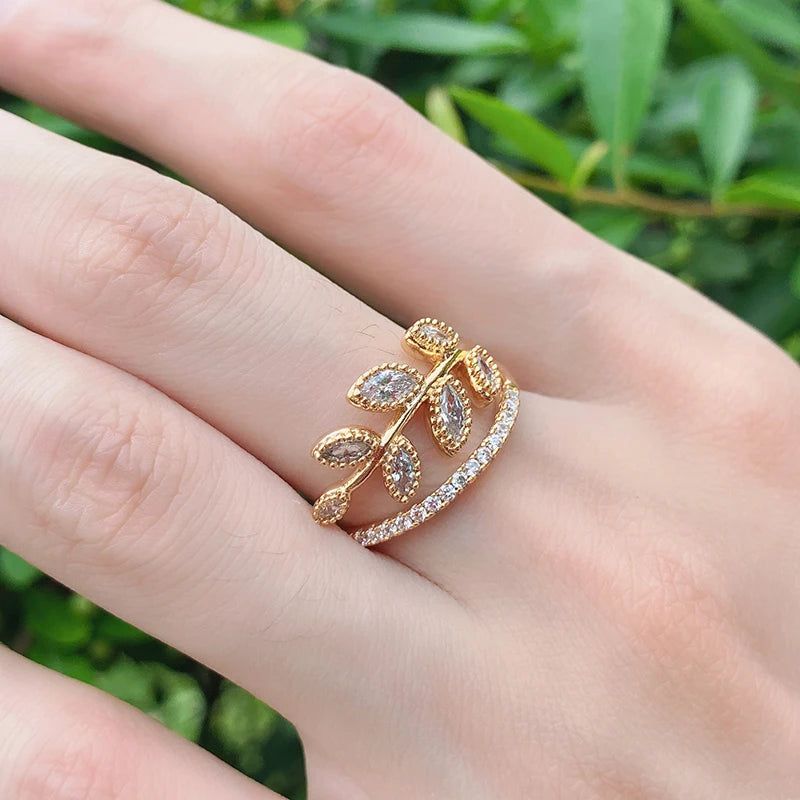 Modern Vintage Hollow Leaf Design Rose Gold Ring with Natural Zircon - Free Shipping