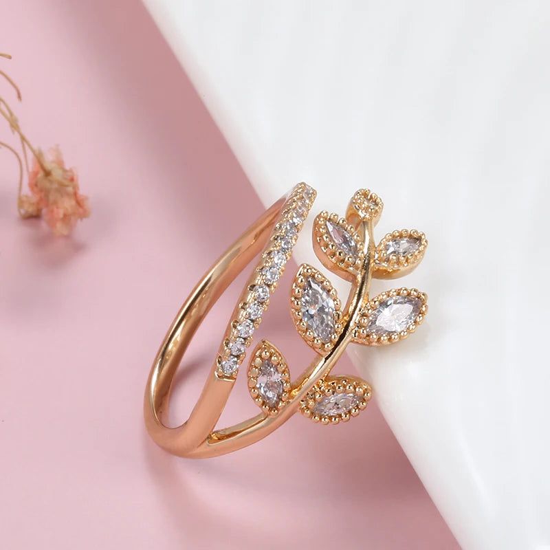 Modern Vintage Hollow Leaf Design Rose Gold Ring with Natural Zircon - Free Shipping