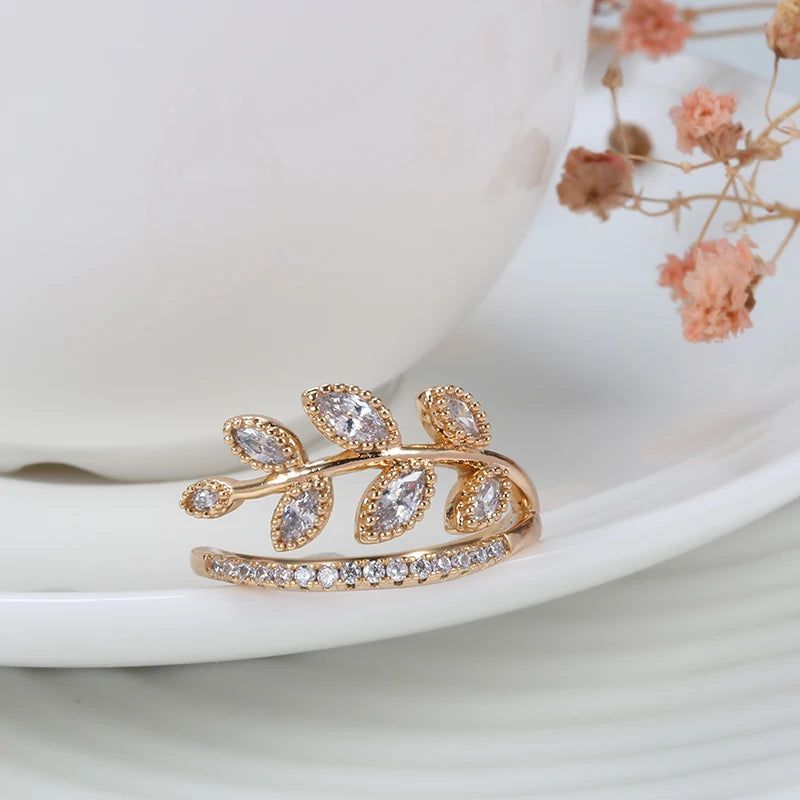 Modern Vintage Hollow Leaf Design Rose Gold Ring with Natural Zircon - Free Shipping