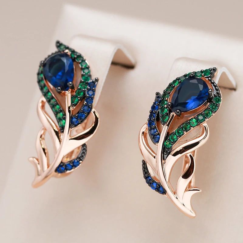 Modern Vintage Hot Blue Natural Zircon Leaf Drop Earrings in 585 Rose Gold with Black Plating