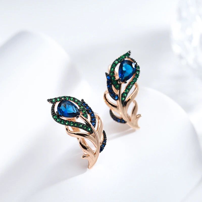 Modern Vintage Hot Blue Natural Zircon Leaf Drop Earrings in 585 Rose Gold with Black Plating