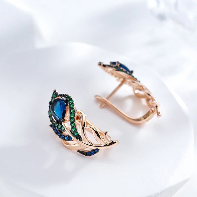 Modern Vintage Hot Blue Natural Zircon Leaf Drop Earrings in 585 Rose Gold with Black Plating