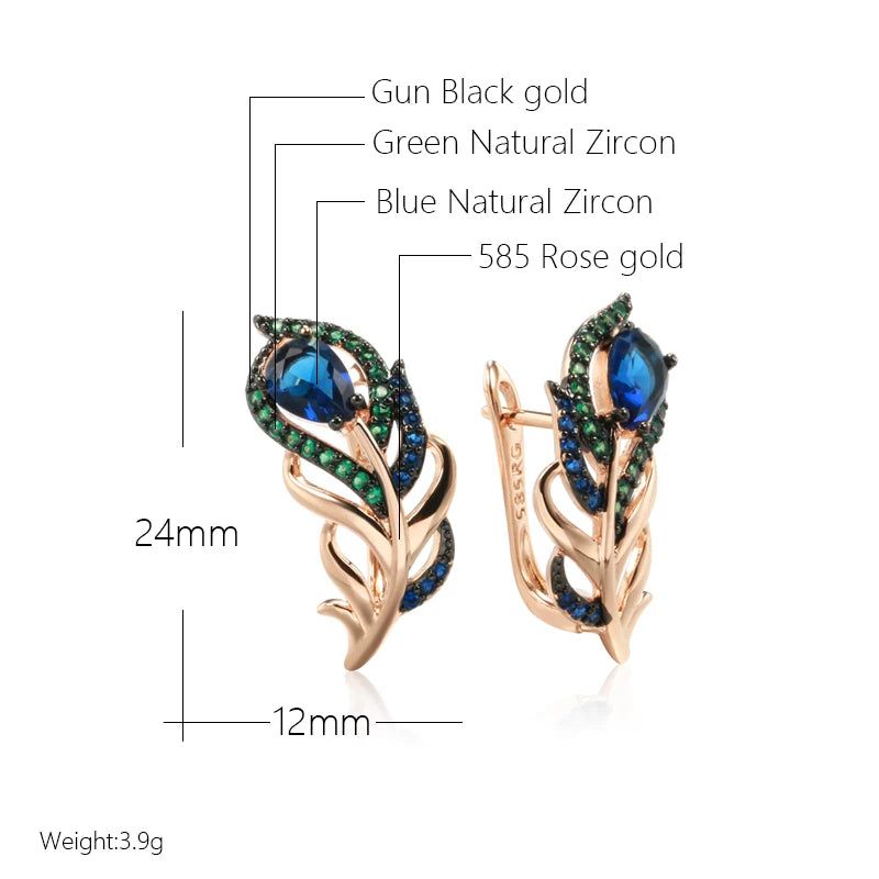 Modern Vintage Hot Blue Natural Zircon Leaf Drop Earrings in 585 Rose Gold with Black Plating