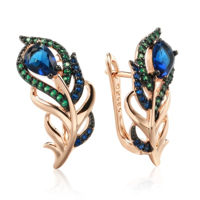 Modern Vintage Hot Blue Natural Zircon Leaf Drop Earrings in 585 Rose Gold with Black Plating