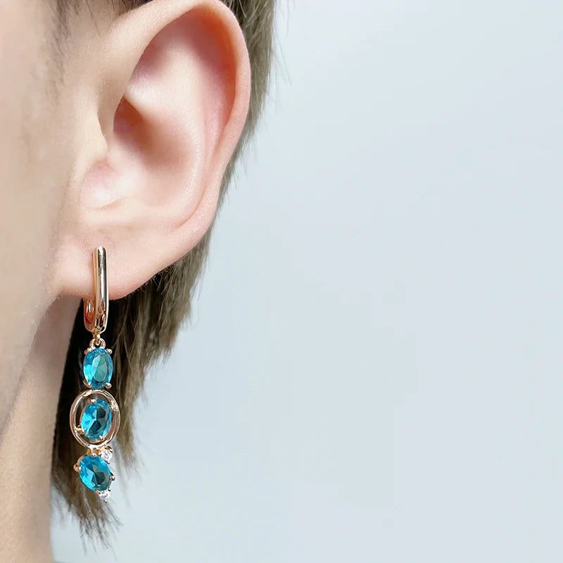 Modern Vintage Inspired Long Drop Earrings in 585 Rose Gold with Blue Natural Zircon