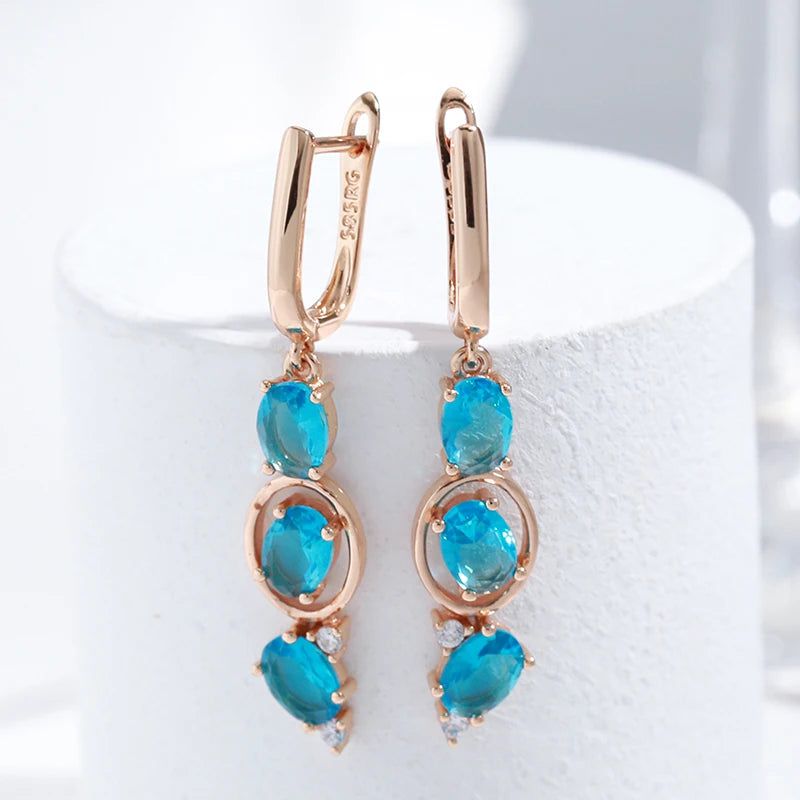 Modern Vintage Inspired Long Drop Earrings in 585 Rose Gold with Blue Natural Zircon