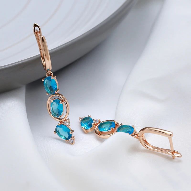 Modern Vintage Inspired Long Drop Earrings in 585 Rose Gold with Blue Natural Zircon