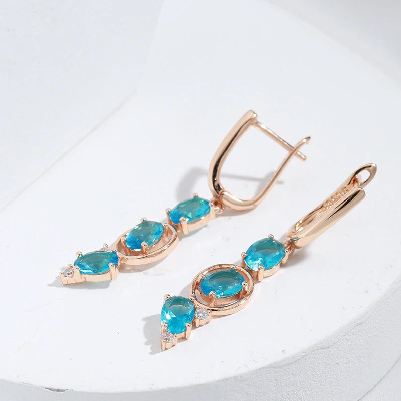 Modern Vintage Inspired Long Drop Earrings in 585 Rose Gold with Blue Natural Zircon