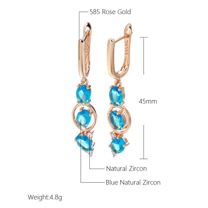 Modern Vintage Inspired Long Drop Earrings in 585 Rose Gold with Blue Natural Zircon