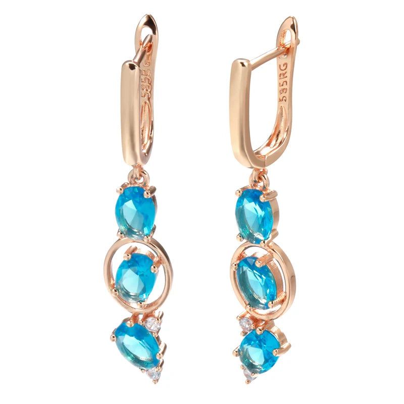 Modern Vintage Inspired Long Drop Earrings in 585 Rose Gold with Blue Natural Zircon