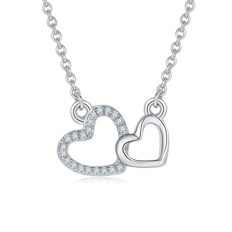 Moissanite Accent Beaded Large and Small Double Intertwining Heart Necklace in 925 Sterling Silver for Her