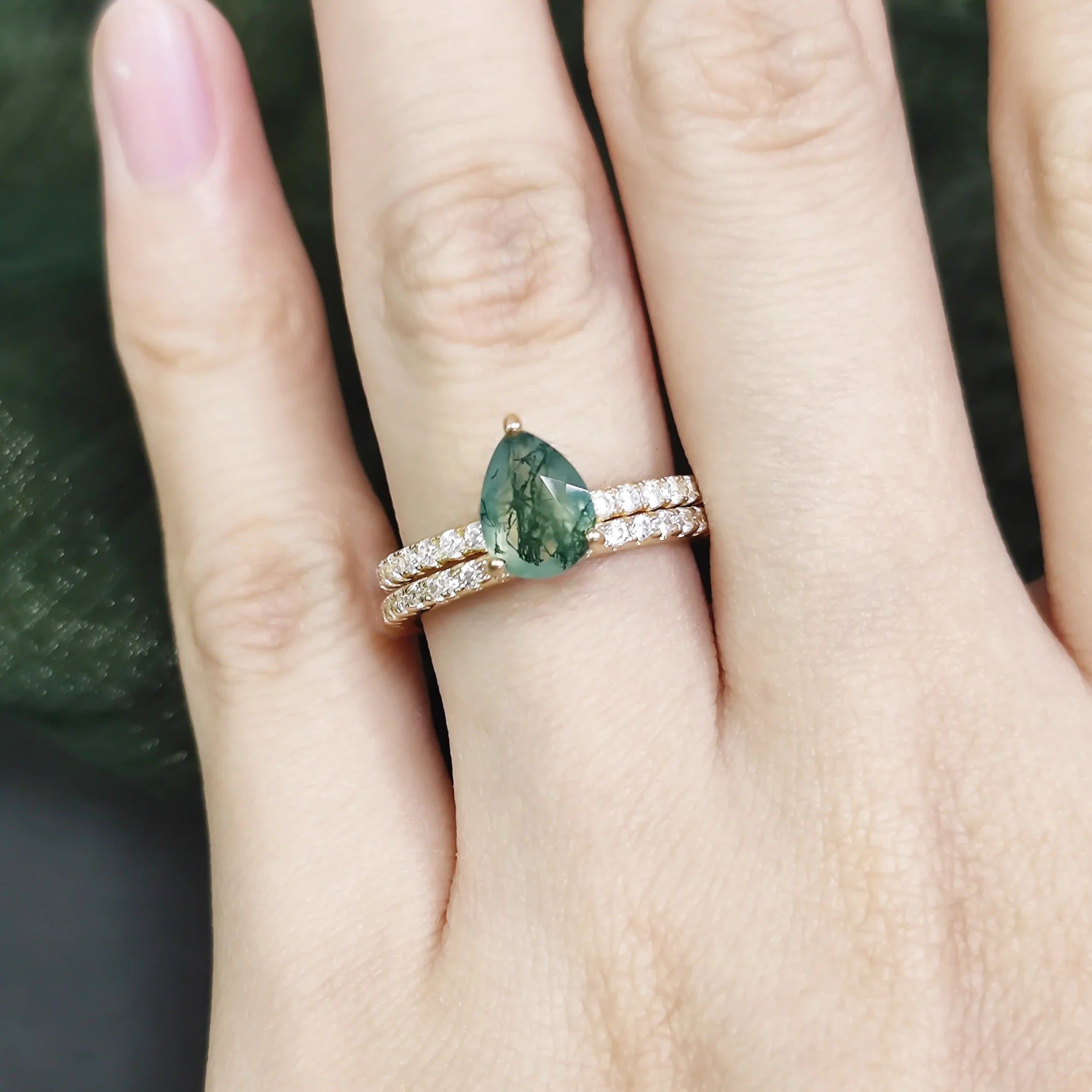 Moss Agate Ring Set 925 Sterling Silver Dainty Eternity Band