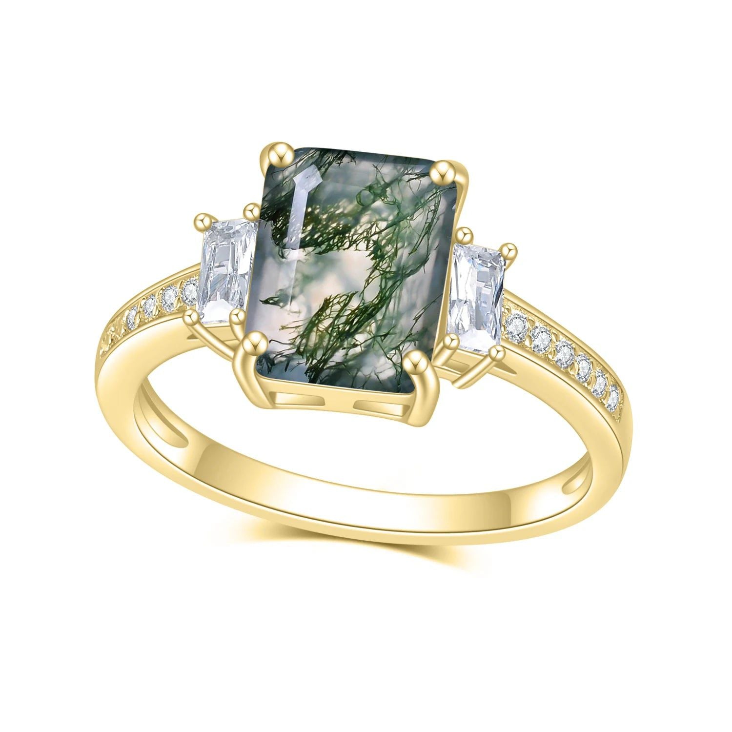 Moss Agate Three Stone Ring Set Unique Curved Band 925 Silver