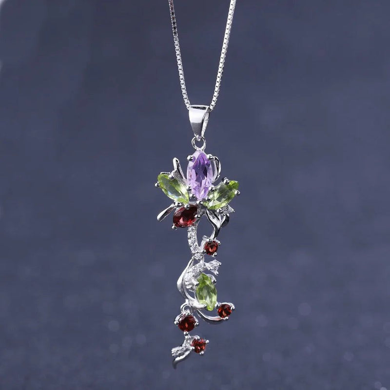 Multicolor Natural Peridot Amethyst Garnet Flower Pendant Necklace